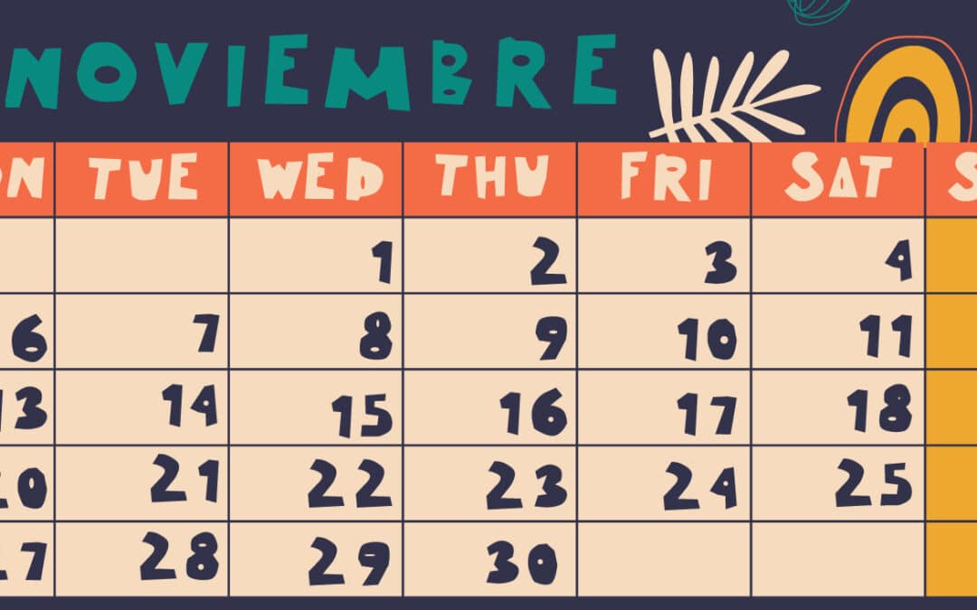 illustration of a calendar page for the month of November (noviembre) styled for children