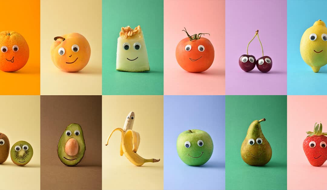 Two rows of single fruits with simple drawn silly expressions and googly eyes, each on a different brightly colored background.