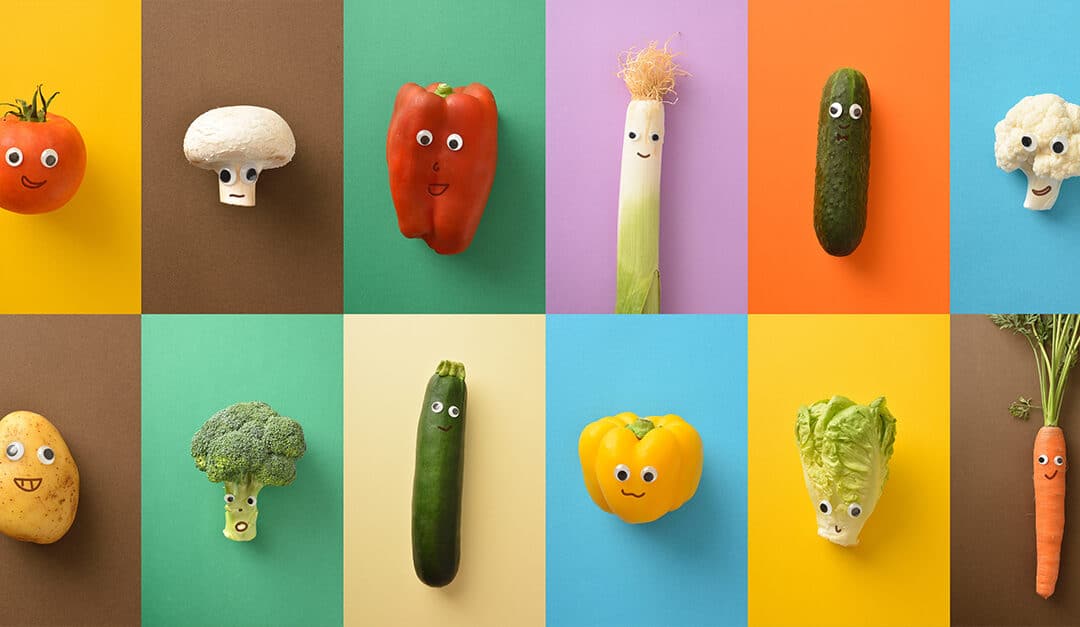 Two rows of single vegetables with simple drawn silly expressions and googly eyes, each on a different brightly colored background.