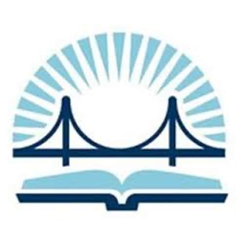 Leonard R. Flynn Elementary School logo two tone blue and teal illustration of the Golden Gate Bridge with a sunburst behind it and an open book in front.