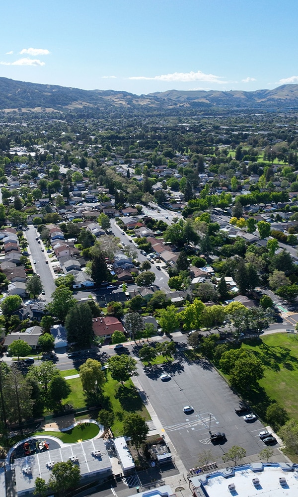 An aerial shot of the city of Pleasanton in California, United States
