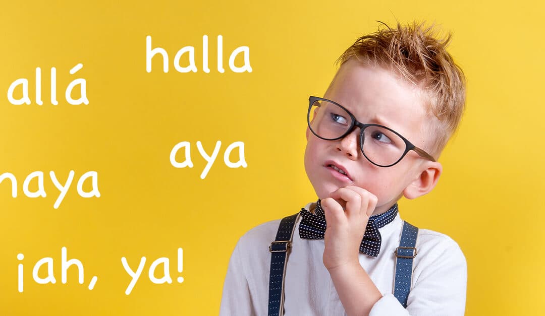 Child thinking. Little boy thinking of solution isolated on yellow background with words "haya", "halla", "allá", "aya" and "¡ah, ya!". Uncertain, doubt expression, confusion, inspiration and solution concept.