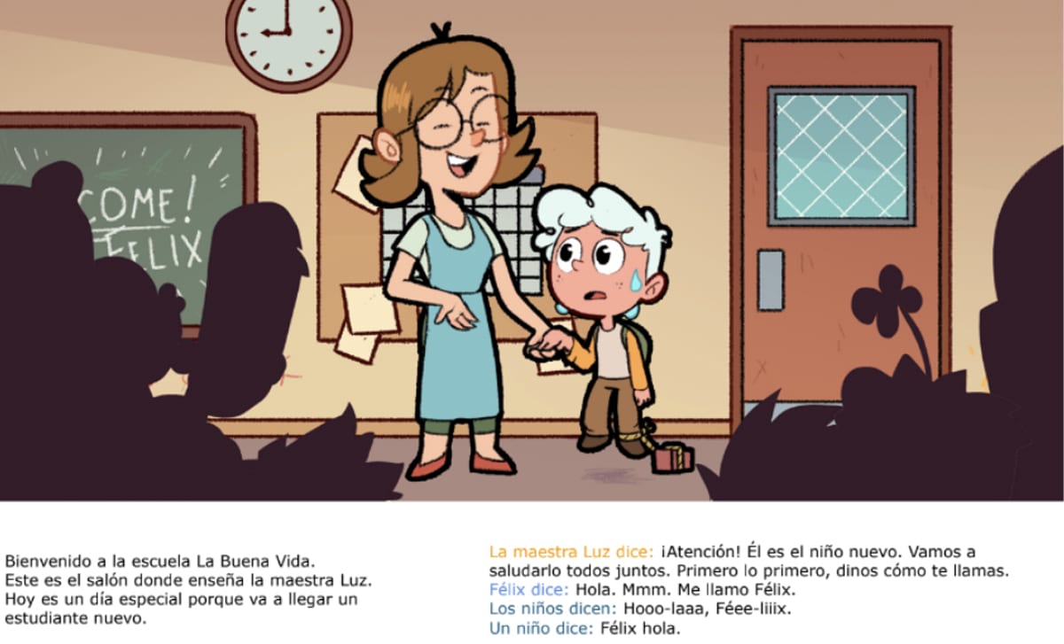 A page from TFK Spanish book for kids titled El Niño Nuevo (The New Kid) showing a teacher introducing a new child to the class