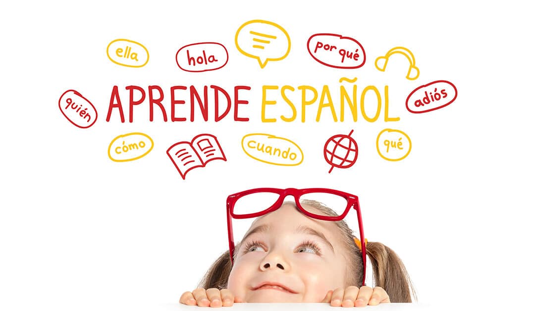 Beautiful cute little girl hiding under table and curiously looking at Learn Spanish text in Spanish and illustrations on white background.