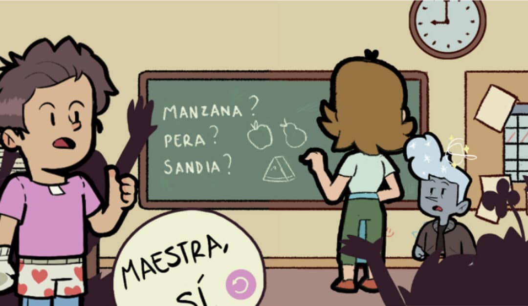 The first page of chapter 2 in TruFluency Kids' original Spanish book titled “El niño nuevo” with illustration showing the teacher telling the students to get ready for the next lesson on the correct structure of Spanish sentences.