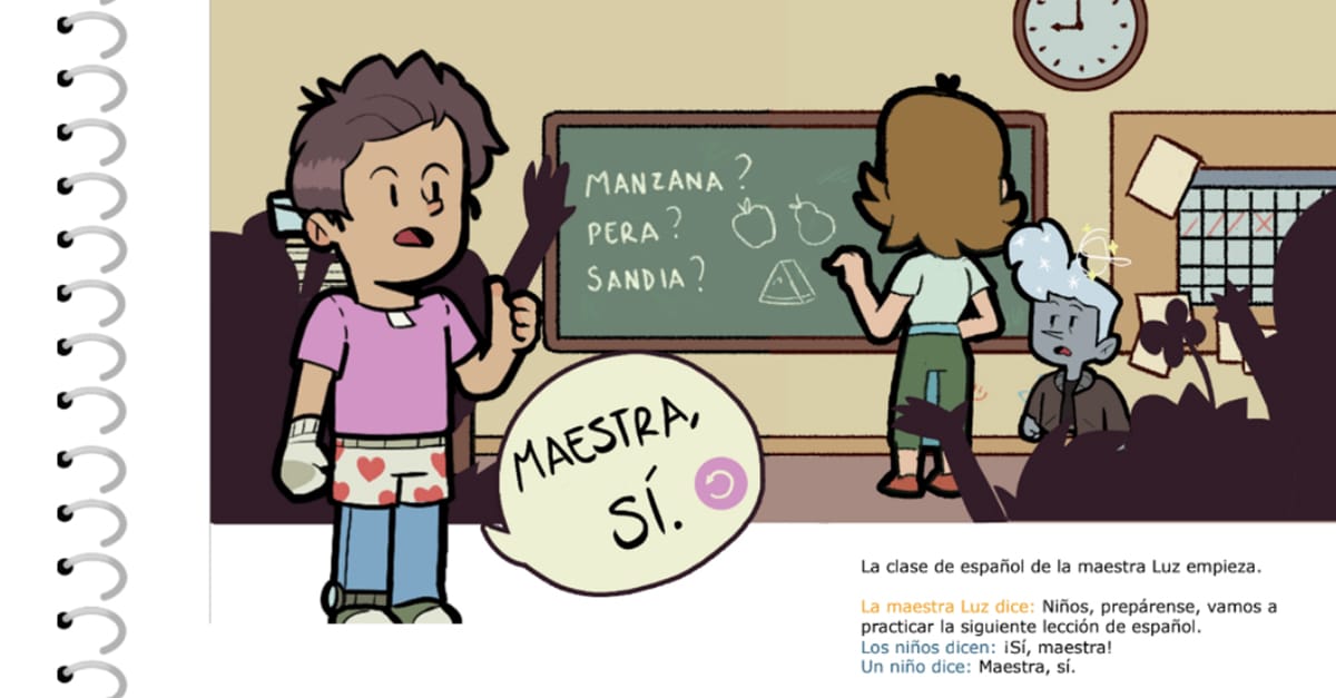 The first page of TruFluency Kids' original Spanish book titled “El niño nuevo” with illustration showing the teacher telling the students to get ready for the next lesson on the correct structure of Spanish sentences.