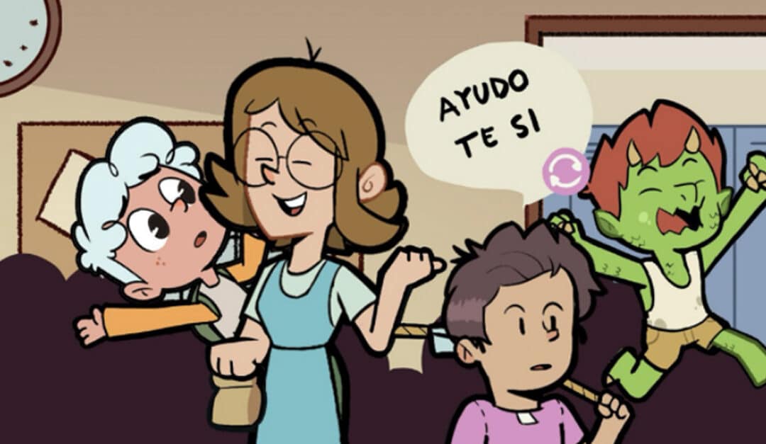 The first page of chapter 3 in TruFluency Kids' original Spanish book titled “El niño nuevo” with illustration showing the teacher telling the students that it's time for recess