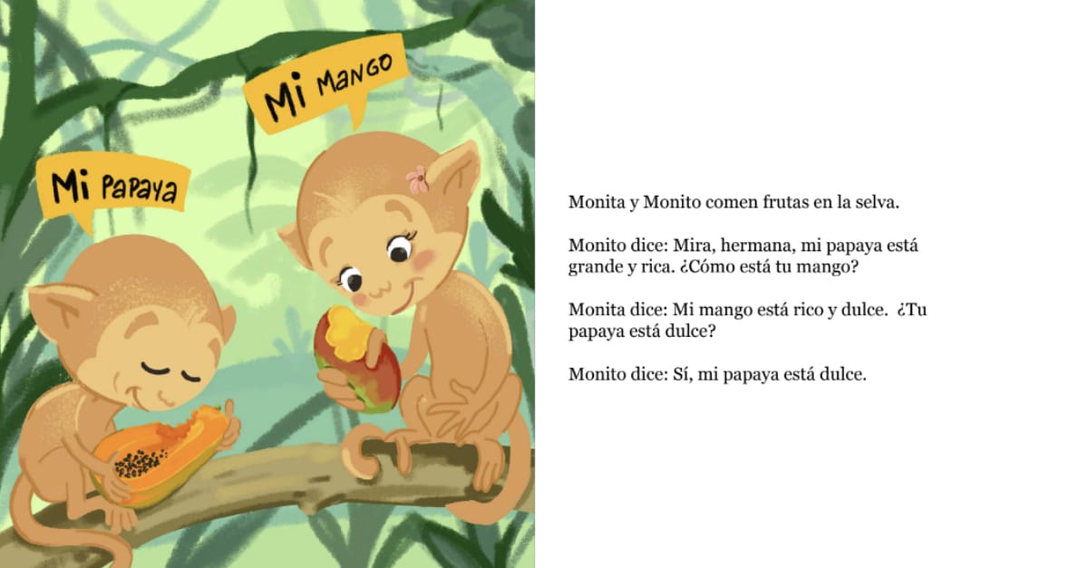 A page from TruFluency Kids’ book titled “¡Es mío!” (It’s mine!”) created to help your child learn Spanish