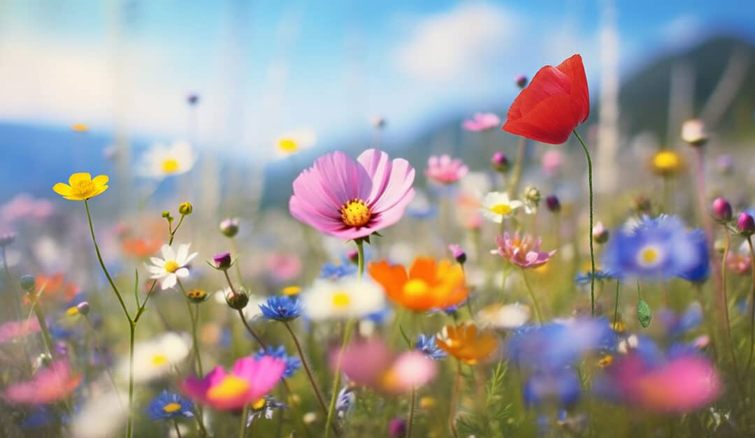 Wild flowers in a field on a sunny spring day | Spanish Vocabulary for Spring