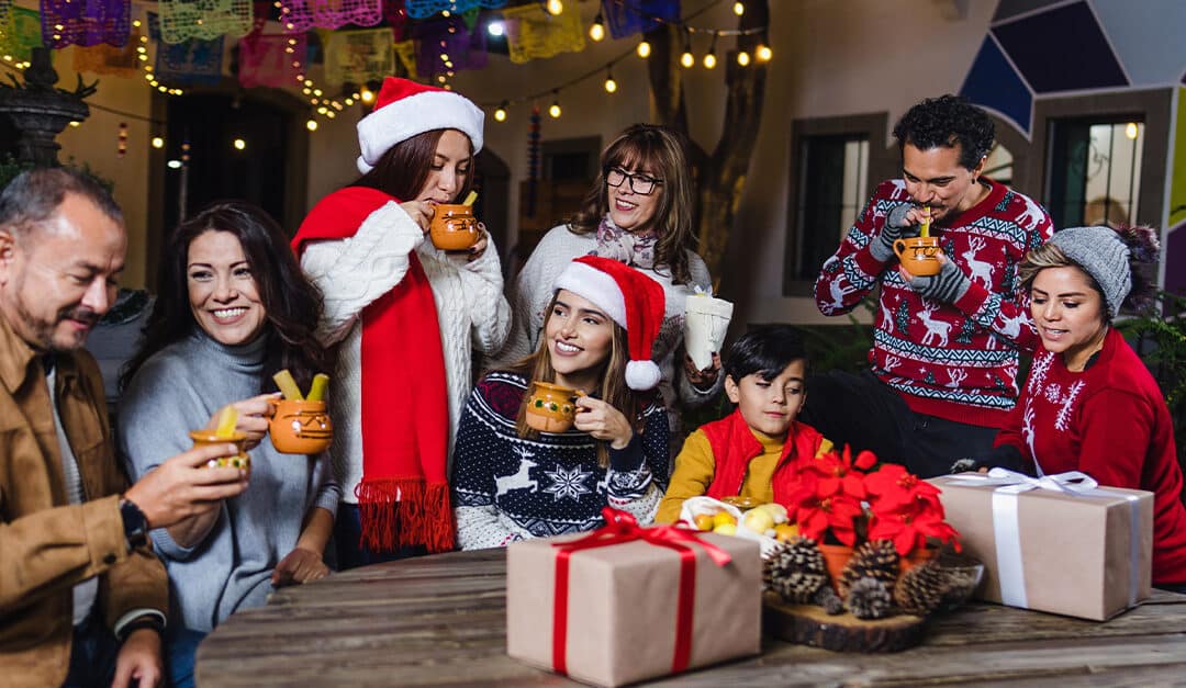 Family in Mexico celebrating Christmas with festive decorations and gifts, illustrating the blog topic "What Is Christmas Day Like in Mexico for Kids?"