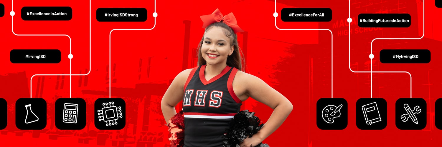 MacArthur High School cheerleader on red background