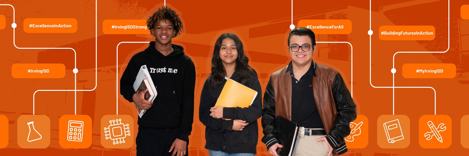 Three Travis Middle School students holding notebooks on orange background.